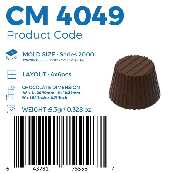 polycarbonate fluted chocolate mold, ribbed chocolate mould, grooved praline chocolate mold, round praline mold, truncated cone chocolate mold, textured bonbon mould, vertical stripe chocolate mold, ridged chocolate mold, geometric chocolate mold, modern praline mold, decorative chocolate mould, professional polycarbonate chocolate mold, filled chocolate mold, artisan chocolate mold, confectionery chocolate mold, chocolate casting mold, reusable chocolate mold, rigid chocolate mould
