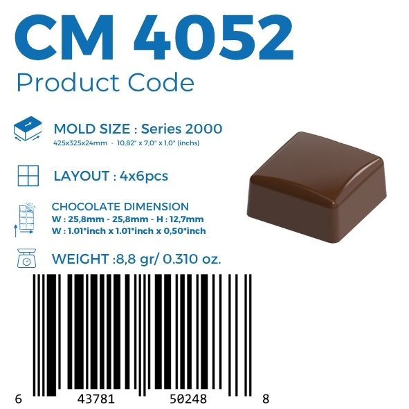 polycarbonate square praline chocolate mold, square bonbon chocolate mold, domed square chocolate mold, rounded square chocolate mould, curved top chocolate mold, geometric praline mold, filled chocolate mold, professional polycarbonate chocolate mold, premium bonbon mold, chocolate casting mold, confectionery chocolate mold, artisan chocolate mold, reusable chocolate mold, rigid chocolate mould, modern praline chocolate mold