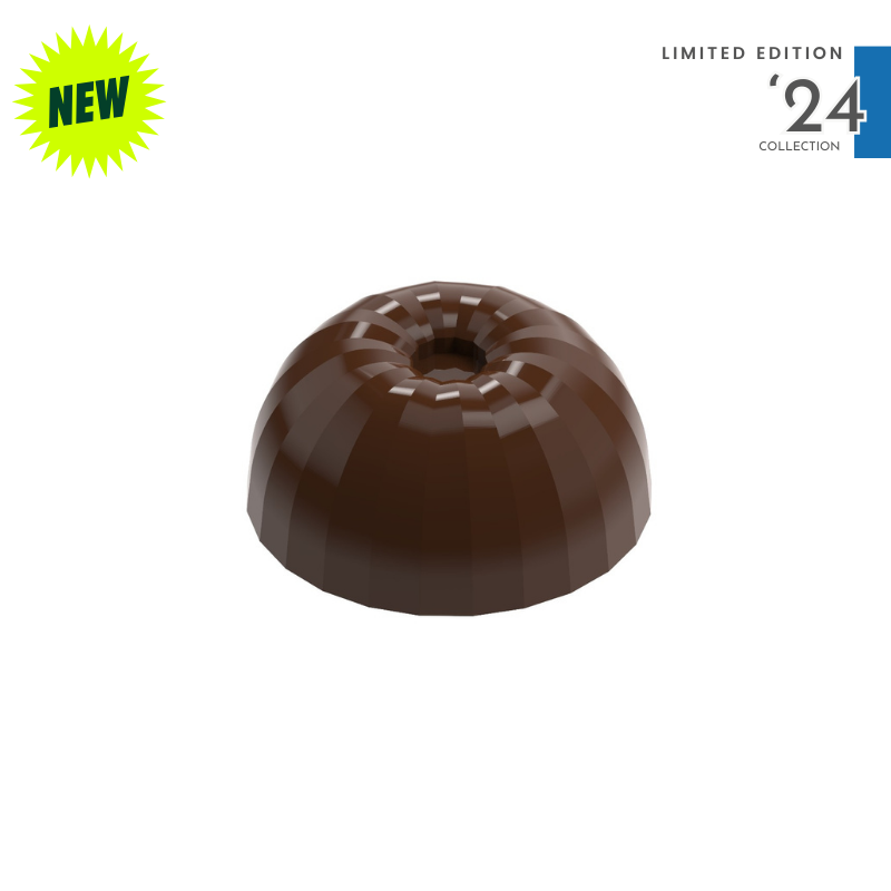 polycarbonate ring chocolate mold, donut chocolate mold, bundt chocolate mold, ring praline chocolate mold, circular bonbon mould, center hole chocolate mold, faceted chocolate mold, ribbed chocolate mould, domed ring chocolate mold, geometric praline mold, decorative chocolate mold, filled chocolate mold, professional polycarbonate chocolate mold, artisan chocolate mold, confectionery chocolate mold, chocolate casting mold, reusable chocolate mold, rigid chocolate mould