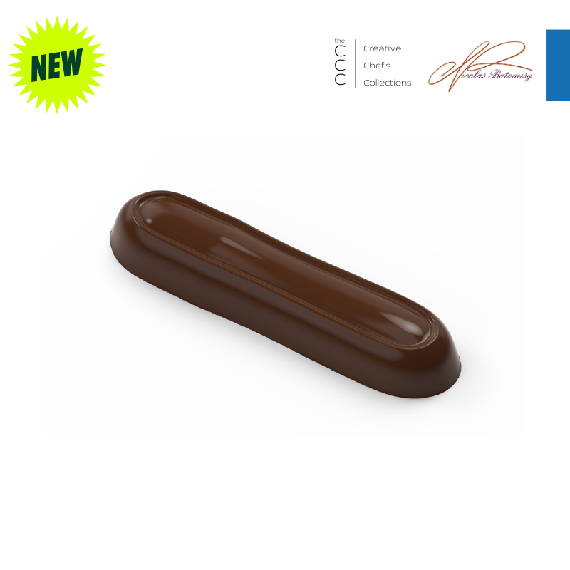 polycarbonate capsule chocolate mold, elongated oval chocolate mold, oblong praline chocolate mold, long bonbon chocolate mould, smooth chocolate mold, recessed center chocolate mold, framed praline chocolate mold, slim chocolate mold, modern chocolate mould, filled chocolate mold, professional polycarbonate chocolate mold, artisan chocolate mold, confectionery chocolate mold, chocolate casting mold, reusable chocolate mold, rigid chocolate mould