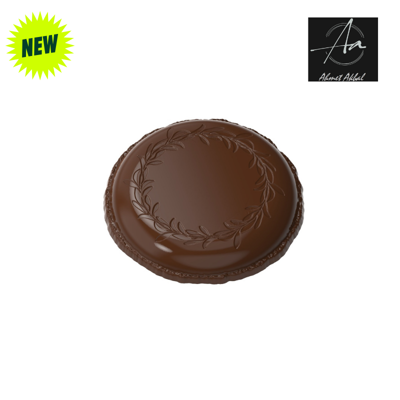 polycarbonate macaron chocolate mold, macaron praline chocolate mold, round chocolate mould, decorative macaron mold, floral chocolate mold, wreath pattern chocolate mold, round praline chocolate mold, embossed chocolate mould, artisan chocolate mold, filled chocolate mold, professional polycarbonate chocolate mold, confectionery chocolate mold, chocolate casting mold, reusable chocolate mold, rigid chocolate mould, elegant praline mold