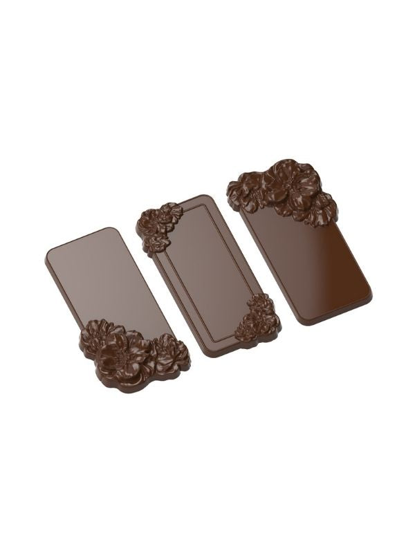 polycarbonate floral chocolate mold, flower chocolate mould, rose chocolate mold, decorative praline chocolate mold, floral praline mold, rectangular chocolate mold, flower corner chocolate mould, embossed flower chocolate mold, botanical chocolate mold, elegant chocolate mold, romantic chocolate mold, artisan chocolate mold, professional polycarbonate chocolate mold, bonbon chocolate mold, filled chocolate mold, chocolate casting mold, confectionery chocolate mold, reusable chocolate mold, rigid chocolate 