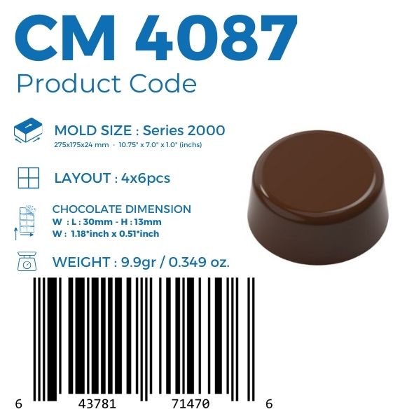 polycarbonate round chocolate mold, round praline chocolate mold, circular bonbon mould, flat top chocolate mold, tapered chocolate mould, round bonbon mold, classic praline mold, geometric chocolate mold, minimalist chocolate mold, filled chocolate mold, professional polycarbonate chocolate mold, artisan chocolate mold, confectionery chocolate mold, chocolate casting mold, reusable chocolate mold, rigid chocolate mould