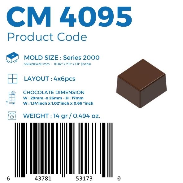 polycarbonate square chocolate mold, plain square chocolate mold, square praline chocolate mold, square bonbon mould, 14g chocolate mold, flat top chocolate mold, minimalist chocolate mold, geometric praline mold, classic chocolate mold, filled chocolate mold, professional polycarbonate chocolate mold, artisan chocolate mold, confectionery chocolate mold, chocolate casting mold, reusable chocolate mold, rigid chocolate mould