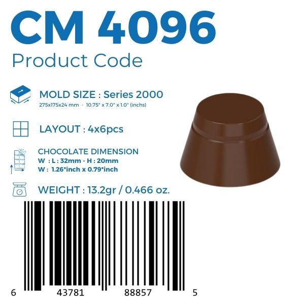polycarbonate volcano chocolate mold, volcano praline chocolate mold, volcano chocolate mould, truncated cone chocolate mold, conical praline mold, 13.2g chocolate mold, geometric chocolate mold, round praline chocolate mold, bonbon chocolate mold, filled chocolate mold, professional polycarbonate chocolate mold, artisan chocolate mold, confectionery chocolate mold, chocolate casting mold, reusable chocolate mold, rigid chocolate mould