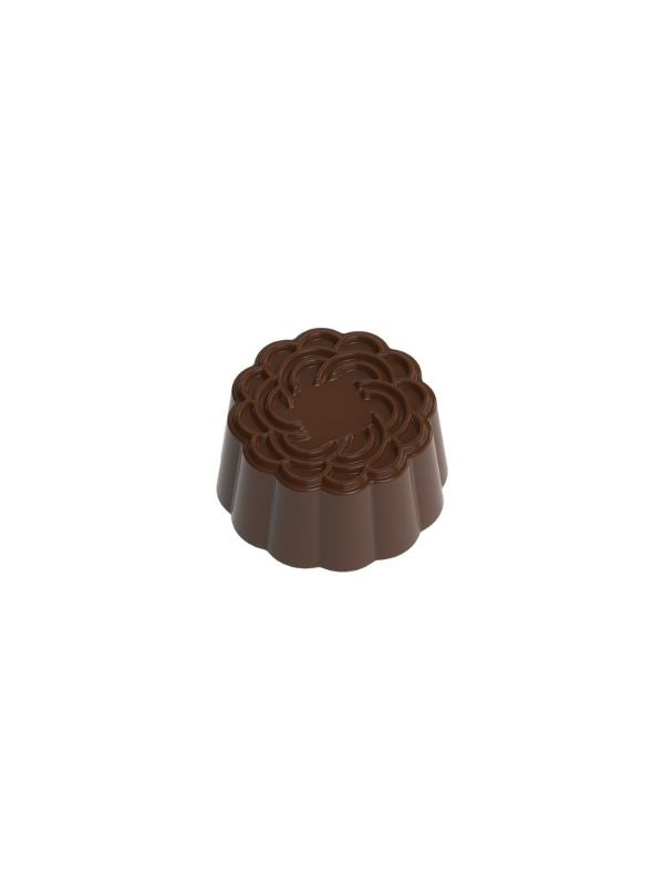 polycarbonate flower chocolate mold, rosette chocolate mold, floral praline chocolate mold, flower shaped chocolate mould, petal chocolate mold, layered flower chocolate mold, scalloped chocolate mold, decorative bonbon mold, embossed floral chocolate mold, round praline chocolate mold, professional polycarbonate chocolate mold, artisan chocolate mold, confectionery chocolate mold, filled chocolate mold, chocolate casting mold, reusable chocolate mold, rigid chocolate mould