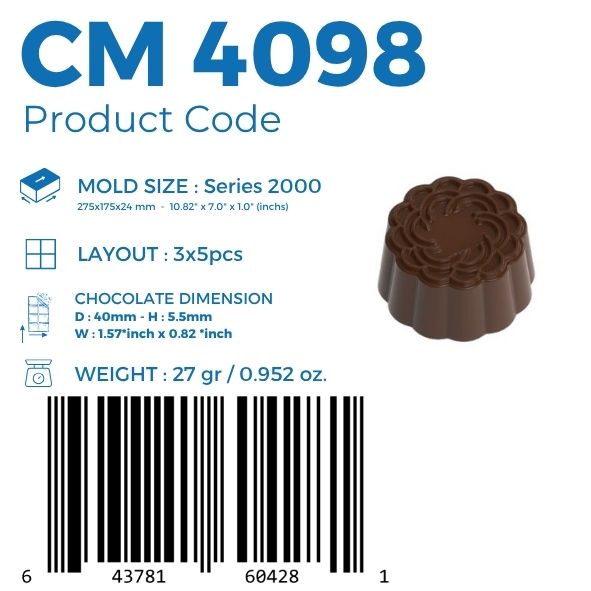 polycarbonate flower chocolate mold, rosette chocolate mold, floral praline chocolate mold, flower shaped chocolate mould, petal chocolate mold, layered flower chocolate mold, scalloped chocolate mold, decorative bonbon mold, embossed floral chocolate mold, round praline chocolate mold, professional polycarbonate chocolate mold, artisan chocolate mold, confectionery chocolate mold, filled chocolate mold, chocolate casting mold, reusable chocolate mold, rigid chocolate mould