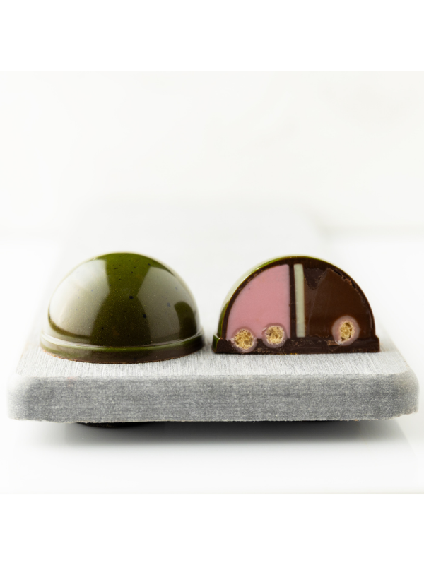 polycarbonate hemisphere chocolate mold, dome chocolate mold, half sphere chocolate mould, round praline chocolate mold, domed bonbon mold, smooth chocolate mold, half ball chocolate mold, raised rim chocolate mold, round bonbon chocolate mould, 3D dome chocolate mold, professional polycarbonate chocolate mold, filled chocolate mold, artisan chocolate mold, confectionery chocolate mold, chocolate casting mold, reusable chocolate mold, rigid chocolate mould