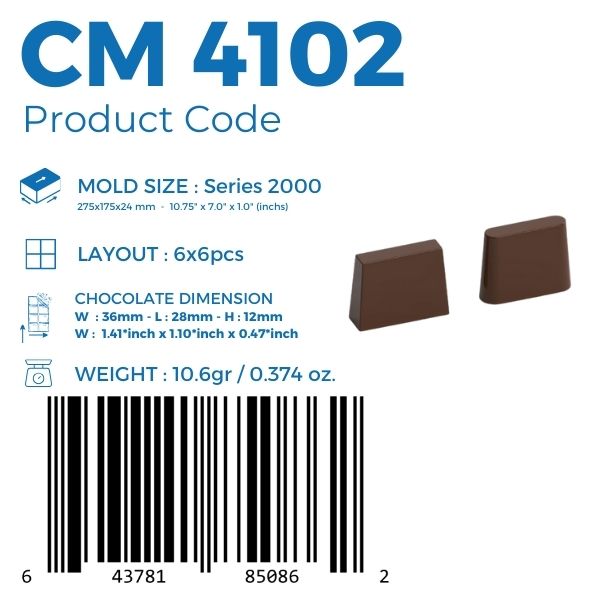 polycarbonate trapezoid chocolate mold, trapezoid praline chocolate mold, rectangular praline chocolate mold, rounded rectangle chocolate mould, beveled chocolate mold, tapered chocolate mold, geometric bonbon mold, smooth praline chocolate mold, modern chocolate mould, filled chocolate mold, professional polycarbonate chocolate mold, artisan chocolate mold, confectionery chocolate mold, chocolate casting mold, reusable chocolate mold, rigid chocolate mould, minimalist praline mold