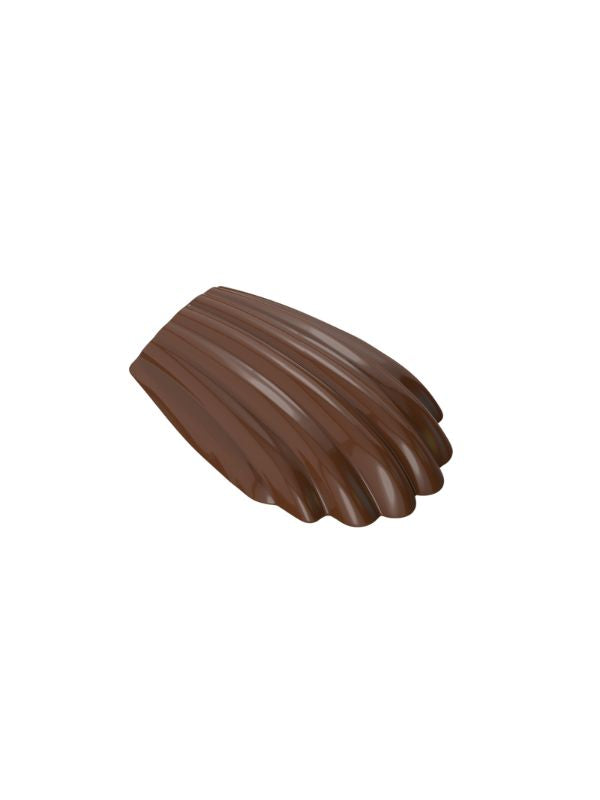 polycarbonate madeleine chocolate mold, madeleine chocolate mould, madeleine praline chocolate mold, shell chocolate mold, scalloped chocolate mould, fluted chocolate mold, ribbed chocolate mold, 53.6g chocolate mold, textured praline mold, shell shaped chocolate mold, decorative chocolate mould, French pastry inspired chocolate mold, professional polycarbonate chocolate mold, artisan chocolate mold, confectionery chocolate mold, filled chocolate mold, chocolate casting mold, reusable chocolate mold, rigid 