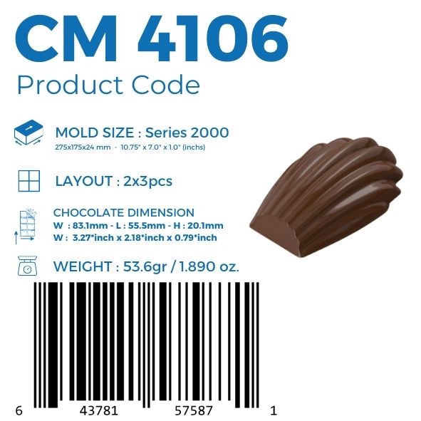 polycarbonate madeleine chocolate mold, madeleine chocolate mould, madeleine praline chocolate mold, shell chocolate mold, scalloped chocolate mould, fluted chocolate mold, ribbed chocolate mold, 53.6g chocolate mold, textured praline mold, shell shaped chocolate mold, decorative chocolate mould, French pastry inspired chocolate mold, professional polycarbonate chocolate mold, artisan chocolate mold, confectionery chocolate mold, filled chocolate mold, chocolate casting mold, reusable chocolate mold, rigid 
