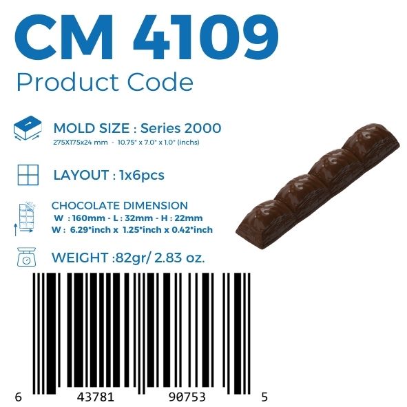 polycarbonate segmented chocolate mold, 4 segment chocolate bar mold, domed chocolate bar mould, textured chocolate mold, cushion chocolate mold, pillow shape chocolate mould, long praline mold, baton chocolate mold, raised segment chocolate mold, break apart chocolate bar mold, artisan chocolate mold, professional polycarbonate chocolate mold, confectionery chocolate mold, chocolate casting mold, reusable chocolate mold, rigid chocolate mould