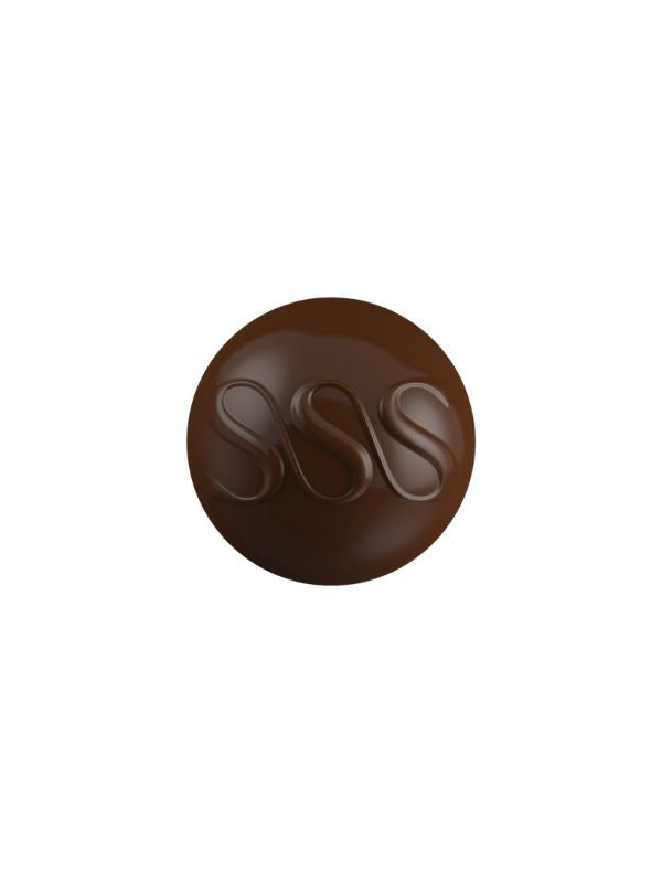 polycarbonate round chocolate mold, swirl chocolate mold, S pattern chocolate mould, wave design chocolate mold, round praline chocolate mold, domed bonbon mold, embossed chocolate mold, decorative chocolate mould, curved pattern chocolate mold, modern praline mold, geometric chocolate mold, professional polycarbonate chocolate mold, filled chocolate mold, artisan chocolate mold, confectionery chocolate mold, chocolate casting mold, reusable chocolate mold, rigid chocolate mould