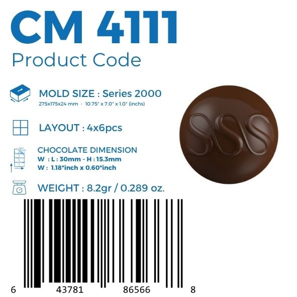 polycarbonate round chocolate mold, swirl chocolate mold, S pattern chocolate mould, wave design chocolate mold, round praline chocolate mold, domed bonbon mold, embossed chocolate mold, decorative chocolate mould, curved pattern chocolate mold, modern praline mold, geometric chocolate mold, professional polycarbonate chocolate mold, filled chocolate mold, artisan chocolate mold, confectionery chocolate mold, chocolate casting mold, reusable chocolate mold, rigid chocolate mould