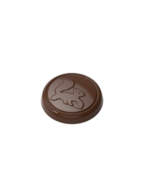 polycarbonate squirrel chocolate mold, squirrel chocolate mould, squirrel praline chocolate mold, animal chocolate mold, woodland chocolate mold, forest animal chocolate mold, round chocolate mold, medallion chocolate mold, embossed squirrel chocolate mold, decorative praline mold, nature themed chocolate mold, professional polycarbonate chocolate mold, artisan chocolate mold, confectionery chocolate mold, chocolate casting mold, reusable chocolate mold, rigid chocolate mould