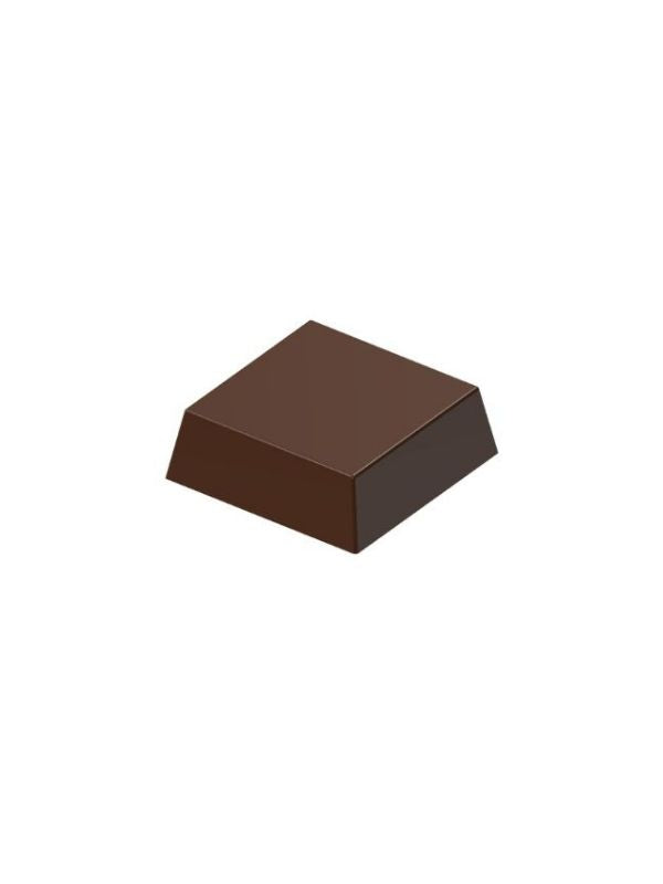 polycarbonate square chocolate mold, square praline chocolate mold, square bonbon mould, flat top chocolate mold, smooth chocolate mold, beveled chocolate mould, geometric praline mold, minimalist chocolate mold, classic chocolate mold, filled chocolate mold, professional polycarbonate chocolate mold, artisan chocolate mold, confectionery chocolate mold, chocolate casting mold, reusable chocolate mold, rigid chocolate mould