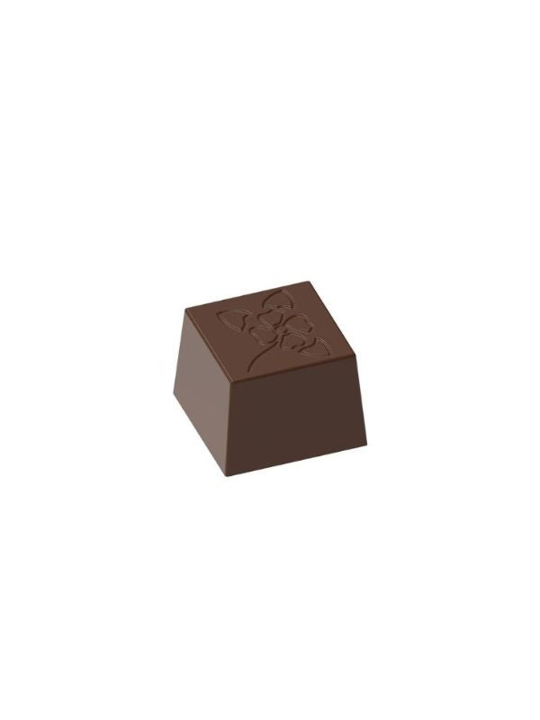 polycarbonate floral chocolate mold, flower praline chocolate mold, four petal chocolate mould, floral bonbon mold, embossed flower chocolate mold, engraved chocolate mould, square praline chocolate mold, decorative chocolate mold, botanical chocolate mold, geometric bonbon mold, elegant chocolate mold, professional polycarbonate chocolate mold, filled chocolate mold, artisan chocolate mold, confectionery chocolate mold, chocolate casting mold, reusable chocolate mold, rigid chocolate mould