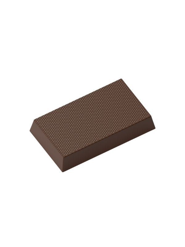 polycarbonate textured chocolate mold, micro grid chocolate mold, woven texture chocolate mould, fine pattern chocolate mold, rectangular praline chocolate mold, textured chocolate bar mold, geometric chocolate mould, embossed chocolate mold, decorative chocolate mold, professional polycarbonate chocolate mold, artisan chocolate mold, confectionery chocolate mold, filled chocolate mold, chocolate casting mold, reusable chocolate mold, rigid chocolate mould, modern praline mold