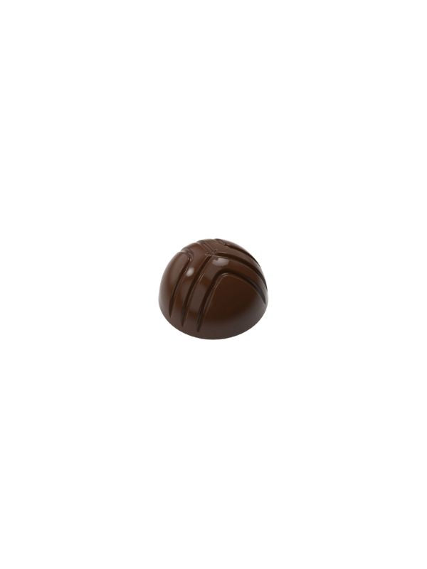 polycarbonate dome chocolate mold, hemisphere chocolate mold, curved line chocolate mold, grooved chocolate mould, striped praline chocolate mold, modern bonbon mold, textured chocolate mold, round praline chocolate mold, geometric chocolate mould, decorative chocolate mold, filled chocolate mold, professional polycarbonate chocolate mold, artisan chocolate mold, confectionery chocolate mold, chocolate casting mold, reusable chocolate mold, rigid chocolate mould