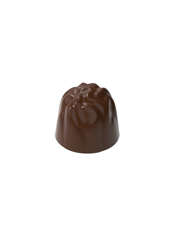 polycarbonate floral chocolate mold, dome praline chocolate mold, embossed chocolate mould, botanical chocolate mold, leaf pattern chocolate mold, flower pattern chocolate mold, sculpted bonbon mold, textured chocolate mold, round praline chocolate mold, decorative chocolate mould, organic pattern chocolate mold, professional polycarbonate chocolate mold, filled chocolate mold, artisan chocolate mold, confectionery chocolate mold, chocolate casting mold, reusable chocolate mold, rigid chocolate mould
