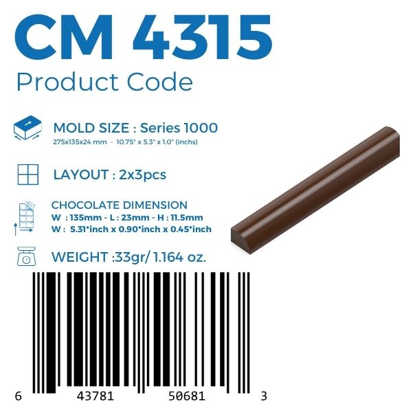 polycarbonate half cylinder chocolate mold, chocolate baton mold, long chocolate stick mold, half round chocolate mould, cylindrical chocolate mold, slim chocolate bar mold, smooth chocolate mold, praline stick mold, chocolate finger mold, geometric chocolate mold, professional polycarbonate chocolate mold, artisan chocolate mold, confectionery chocolate mold, chocolate casting mold, reusable chocolate mold, rigid chocolate mould
