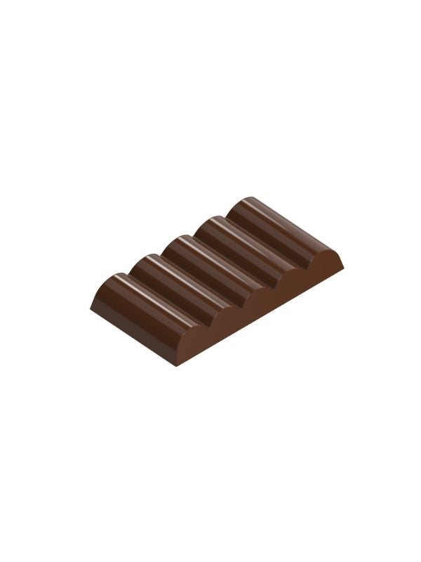 polycarbonate ribbed chocolate mold, grooved chocolate mold, wave chocolate mould, parallel ridge chocolate mold, cylindrical groove chocolate mold, textured chocolate bar mold, fluted chocolate mould, geometric chocolate mold, rectangular chocolate mold, modern chocolate bar mould, professional polycarbonate chocolate mold, artisan chocolate mold, confectionery chocolate mold, chocolate casting mold, reusable chocolate mold, rigid chocolate mould