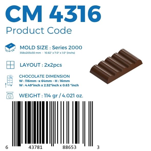 polycarbonate ribbed chocolate mold, grooved chocolate mold, wave chocolate mould, parallel ridge chocolate mold, cylindrical groove chocolate mold, textured chocolate bar mold, fluted chocolate mould, geometric chocolate mold, rectangular chocolate mold, modern chocolate bar mould, professional polycarbonate chocolate mold, artisan chocolate mold, confectionery chocolate mold, chocolate casting mold, reusable chocolate mold, rigid chocolate mould