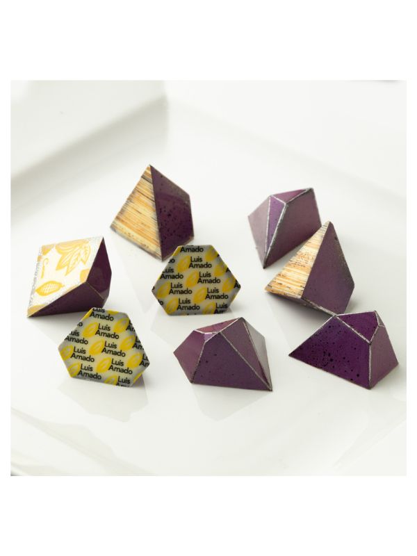 polycarbonate pyramid chocolate mold, pyramid praline chocolate mold, geometric chocolate mould, faceted chocolate mold, 3D pyramid chocolate mold, angular chocolate mould, gemstone chocolate mold, diamond style chocolate mold, pyramid bonbon mold, modern praline chocolate mold, decorative chocolate mold, professional polycarbonate chocolate mold, filled chocolate mold, artisan chocolate mold, confectionery chocolate mold, chocolate casting mold, reusable chocolate mold, rigid chocolate mould