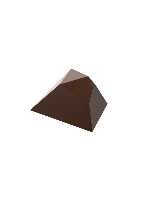 polycarbonate pyramid chocolate mold, pyramid praline chocolate mold, geometric chocolate mould, faceted chocolate mold, 3D pyramid chocolate mold, angular chocolate mould, gemstone chocolate mold, diamond style chocolate mold, pyramid bonbon mold, modern praline chocolate mold, decorative chocolate mold, professional polycarbonate chocolate mold, filled chocolate mold, artisan chocolate mold, confectionery chocolate mold, chocolate casting mold, reusable chocolate mold, rigid chocolate mould