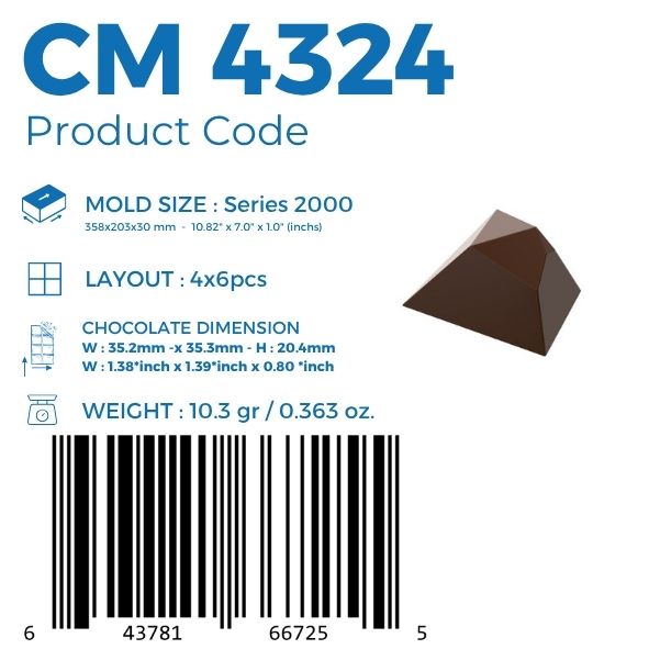 polycarbonate pyramid chocolate mold, pyramid praline chocolate mold, geometric chocolate mould, faceted chocolate mold, 3D pyramid chocolate mold, angular chocolate mould, gemstone chocolate mold, diamond style chocolate mold, pyramid bonbon mold, modern praline chocolate mold, decorative chocolate mold, professional polycarbonate chocolate mold, filled chocolate mold, artisan chocolate mold, confectionery chocolate mold, chocolate casting mold, reusable chocolate mold, rigid chocolate mould