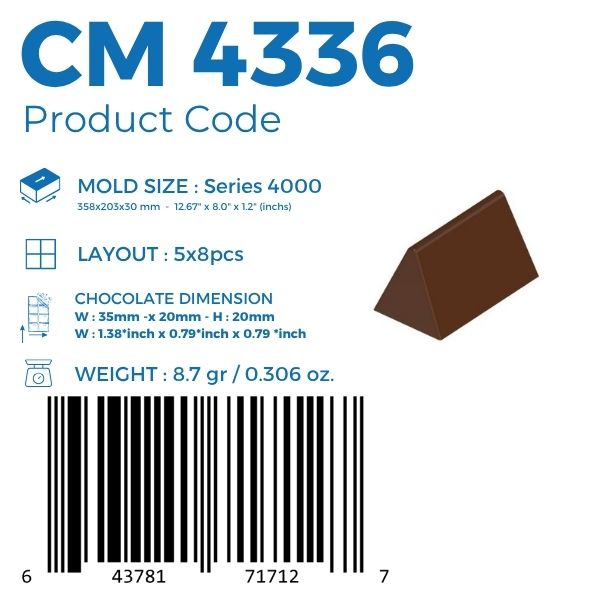 polycarbonate triangle chocolate mold, triangular chocolate mould, triangular prism chocolate mold, wedge chocolate mold, geometric praline chocolate mold, triangle bonbon mold, pyramid style chocolate mold, flat surface chocolate mould, modern chocolate mold, minimalist chocolate mold, filled chocolate mold, professional polycarbonate chocolate mold, artisan chocolate mold, confectionery chocolate mold, chocolate casting mold, reusable chocolate mold, rigid chocolate mould