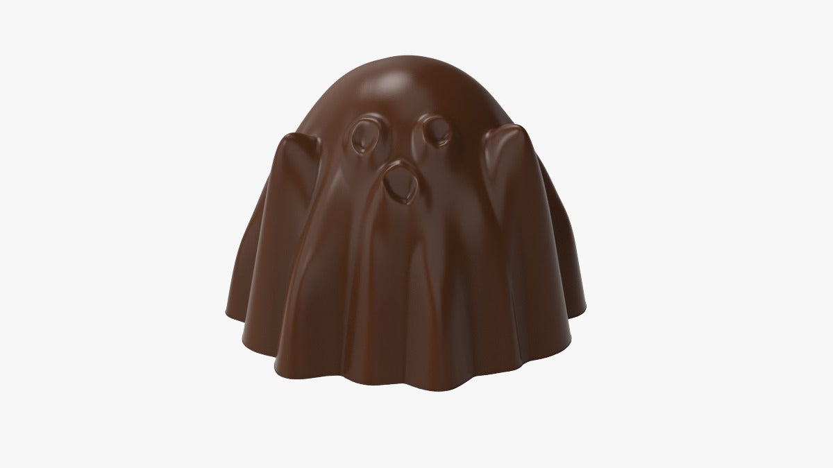 polycarbonate ghost chocolate mold, ghost chocolate mould, 3D ghost chocolate mold, Halloween chocolate mold, spooky chocolate mold, cute ghost chocolate mold, ghost shaped chocolate mold, Halloween candy mold, novelty chocolate mold, professional polycarbonate chocolate mold, chocolate figure mold, chocolate casting mold, confectionery chocolate mold, seasonal chocolate mold, Halloween confectionery mold, reusable chocolate mold, rigid chocolate mould, artisan chocolate mold