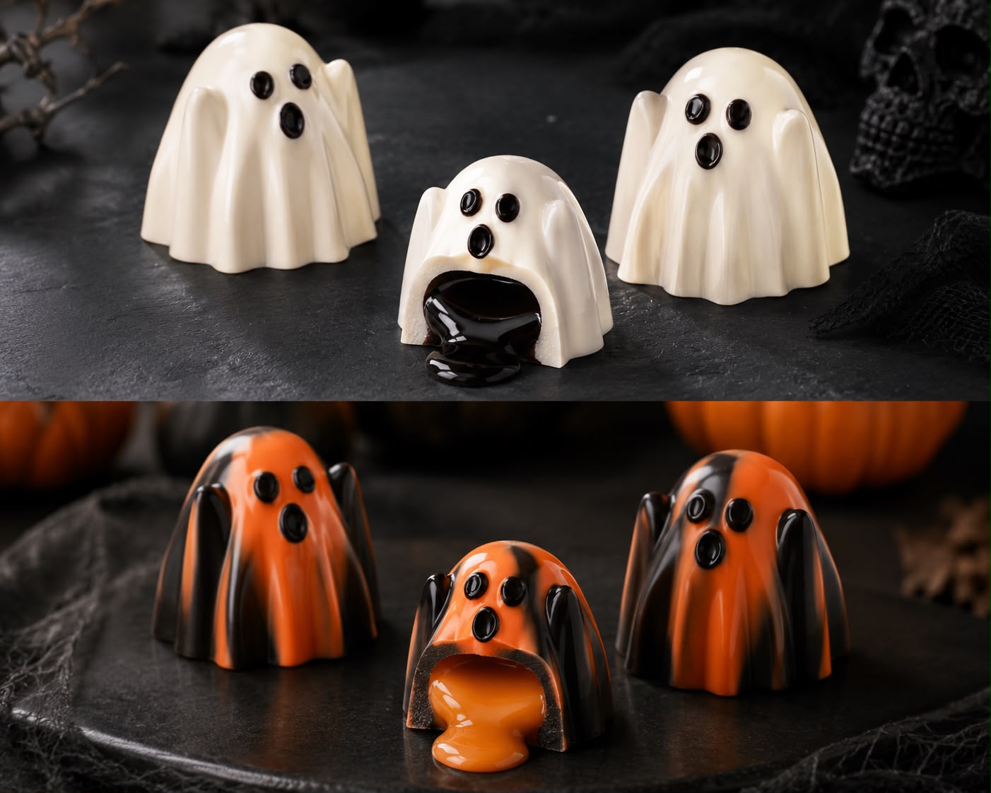 polycarbonate ghost chocolate mold, ghost chocolate mould, 3D ghost chocolate mold, Halloween chocolate mold, spooky chocolate mold, cute ghost chocolate mold, ghost shaped chocolate mold, Halloween candy mold, novelty chocolate mold, professional polycarbonate chocolate mold, chocolate figure mold, chocolate casting mold, confectionery chocolate mold, seasonal chocolate mold, Halloween confectionery mold, reusable chocolate mold, rigid chocolate mould, artisan chocolate mold
