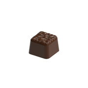 polycarbonate textured praline chocolate mold, square praline chocolate mold, pebble texture chocolate mold, stone pattern chocolate mould, embossed chocolate mold, textured bonbon mold, geometric chocolate mold, decorative praline mold, filled chocolate mold, professional polycarbonate chocolate mold, artisan chocolate mold, confectionery chocolate mold, chocolate casting mold, premium bonbon mold, reusable chocolate mold, rigid chocolate mould, modern praline mold