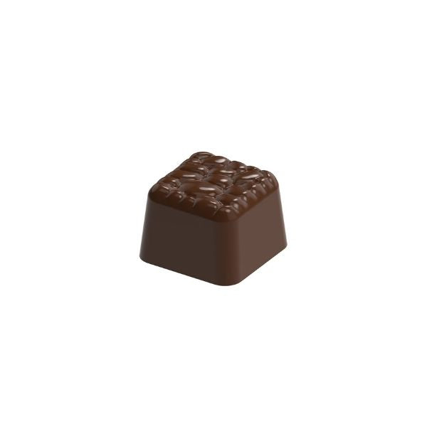 polycarbonate textured praline chocolate mold, square praline chocolate mold, pebble texture chocolate mold, stone pattern chocolate mould, embossed chocolate mold, textured bonbon mold, geometric chocolate mold, decorative praline mold, filled chocolate mold, professional polycarbonate chocolate mold, artisan chocolate mold, confectionery chocolate mold, chocolate casting mold, premium bonbon mold, reusable chocolate mold, rigid chocolate mould, modern praline mold
