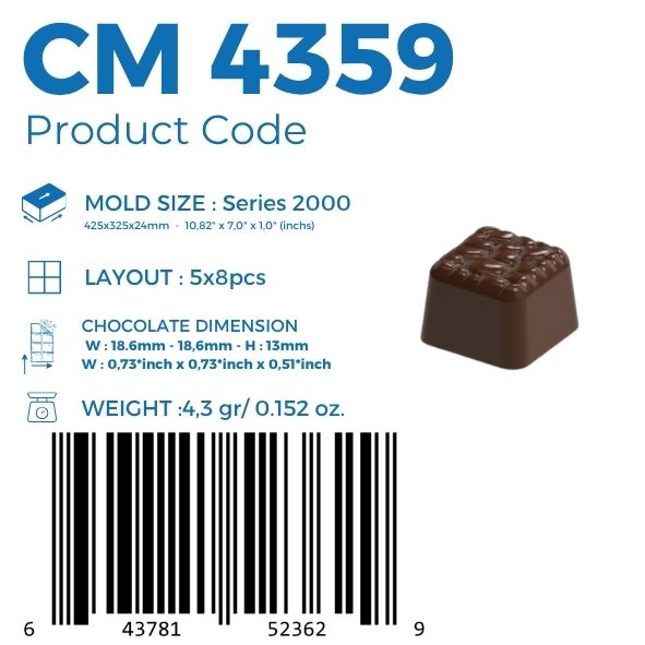 polycarbonate textured praline chocolate mold, square praline chocolate mold, pebble texture chocolate mold, stone pattern chocolate mould, embossed chocolate mold, textured bonbon mold, geometric chocolate mold, decorative praline mold, filled chocolate mold, professional polycarbonate chocolate mold, artisan chocolate mold, confectionery chocolate mold, chocolate casting mold, premium bonbon mold, reusable chocolate mold, rigid chocolate mould, modern praline mold
