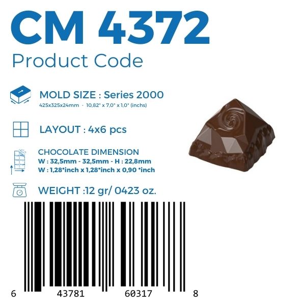 polycarbonate pyramid chocolate mold, pyramid praline chocolate mold, geometric chocolate mould, faceted chocolate mold, spiral chocolate mold, swirl pattern chocolate mould, decorative praline mold, 3D pyramid chocolate mold, textured chocolate mold, embossed chocolate mold, modern bonbon mold, professional polycarbonate chocolate mold, filled chocolate mold, artisan chocolate mold, confectionery chocolate mold, chocolate casting mold, premium praline mold, reusable chocolate mold, rigid chocolate mould