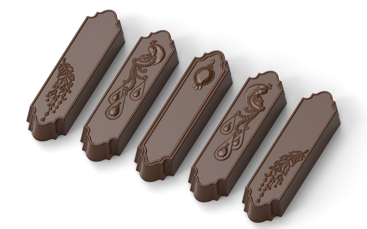 polycarbonate peacock chocolate mold, peacock chocolate mould, ornamental chocolate bar mold, jewel design chocolate mold, jewelry chocolate mold, luxury chocolate mold, decorative chocolate bar mould, peacock feather chocolate mold, gemstone chocolate mold, teardrop chocolate mold, elegant chocolate mold, long chocolate bar mold, embossed chocolate mold, engraved chocolate mold, professional polycarbonate chocolate mold, artisan chocolate mold, confectionery chocolate mold, decorative praline mold, reusabl