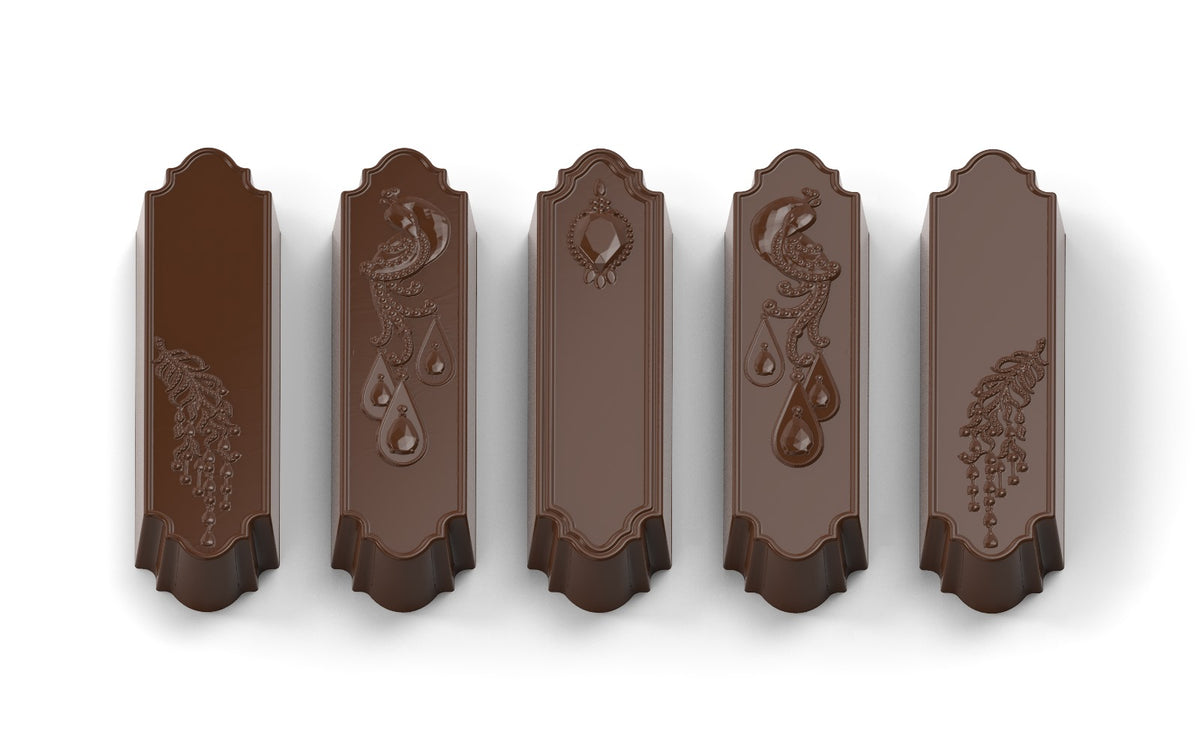 polycarbonate peacock chocolate mold, peacock chocolate mould, ornamental chocolate bar mold, jewel design chocolate mold, jewelry chocolate mold, luxury chocolate mold, decorative chocolate bar mould, peacock feather chocolate mold, gemstone chocolate mold, teardrop chocolate mold, elegant chocolate mold, long chocolate bar mold, embossed chocolate mold, engraved chocolate mold, professional polycarbonate chocolate mold, artisan chocolate mold, confectionery chocolate mold, decorative praline mold, reusabl