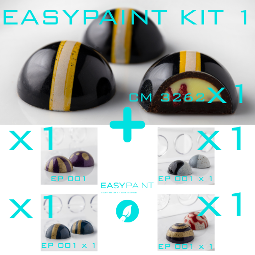 EasyPaint chocolate painting kit, chocolate decorating kit, chocolate painting stencil kit, polycarbonate chocolate mold kit, bonbon decorating kit, praline painting kit, chocolate coloring kit, cocoa butter painting kit, chocolate stencil set, chocolate decoration template, chocolate painting template, professional chocolate decorating tools, artisan chocolate decorating kit, confectionery decorating kit, bonbon painting stencil, praline decoration stencil, reusable chocolate stencil, chocolate mold and st